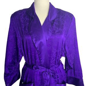 Vintage 90s Satin Full Length Robe Housecoat S Purple Floral Pockets Tie Waist